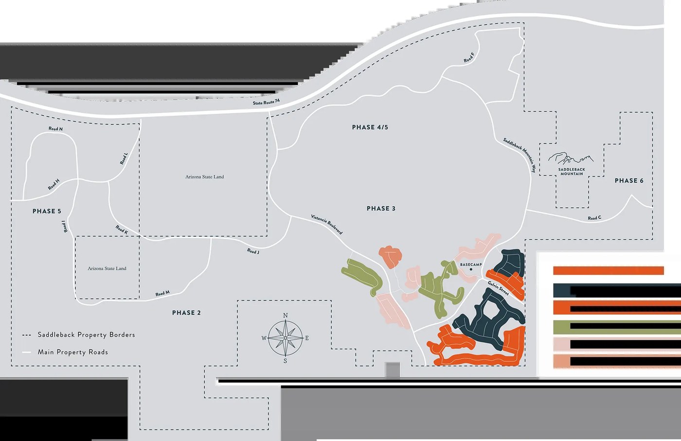 Phase One site map of Saddleback Ranch showing builder locations for Taylor Morrison, Lennar, Toll Brothers, David Weekley Homes, and Camelot Homes
