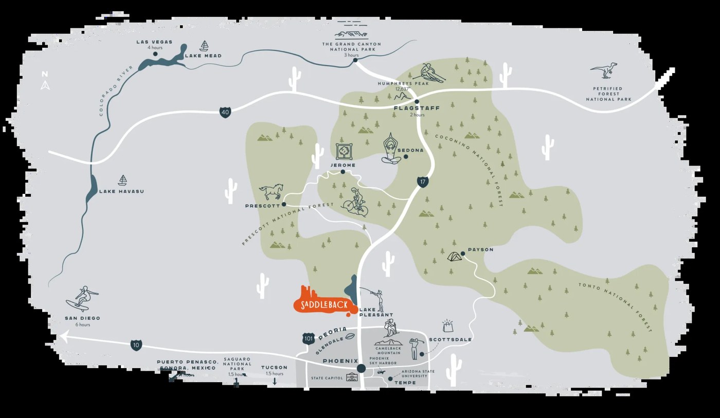 Regional map showing Saddleback Ranch near Phoenix, Lake Pleasant, and Arizona's major destinations